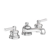 Chrome widespread bathroom sink faucet with two handles and curved spout, three-hole configuration.