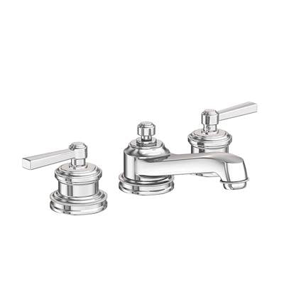 Chrome widespread bathroom sink faucet with two handles and curved spout, three-hole configuration.