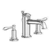 Polished chrome three-piece widespread lavatory faucet with lever handles and cylindrical central spout.