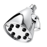 Polished chrome rainfall shower head with multiple circular spray jets and adjustable arm bracket.