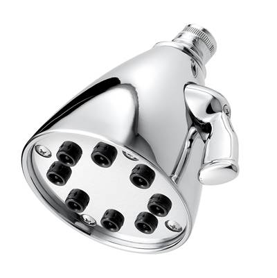 Polished chrome rainfall shower head with multiple circular spray jets and adjustable arm bracket.
