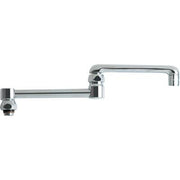 Chrome double-jointed swing spout with two articulating joints and wall-mounted connection.