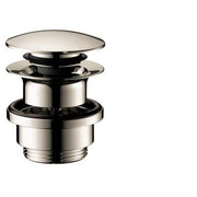 Polished nickel push-open sink drain with cylindrical body and flat overflow cap, 1 1/4" size.