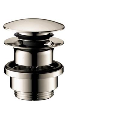 Polished nickel push-open sink drain with cylindrical body and flat overflow cap, 1 1/4" size.