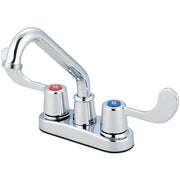 Chrome two-handle bar faucet with curved spout and red and blue temperature indicator handles.