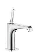 Chrome single-hole bathroom faucet with angular spout and tall rectangular handle lever.