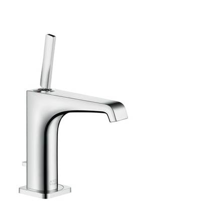 Chrome single-hole bathroom faucet with angular spout and tall rectangular handle lever.