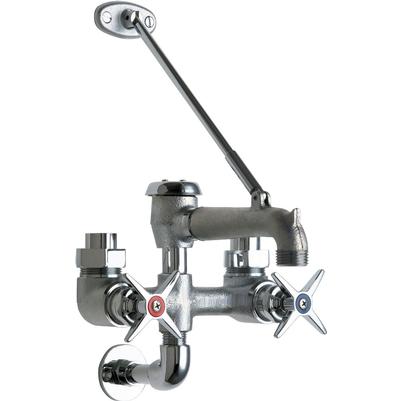 Chrome exposed service sink faucet with dual handles, swing spout, and wall-mounted supply connections.