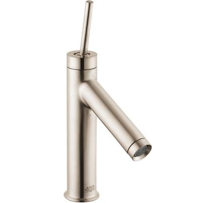 Brushed nickel single-hole bathroom faucet with tall cylindrical body and angled spout.