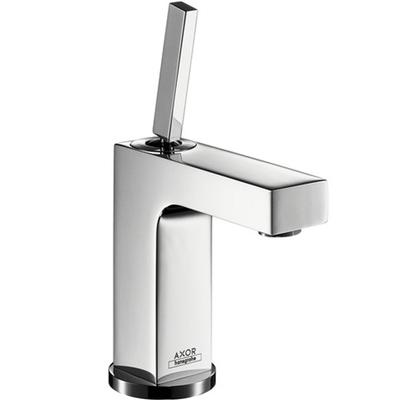 Chrome single-lever bathroom faucet with tall rectangular spout and vertical handle.