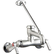 Chicago Faucets wall-mounted manual faucet with chrome finish, adjustable spout, and lever handles.