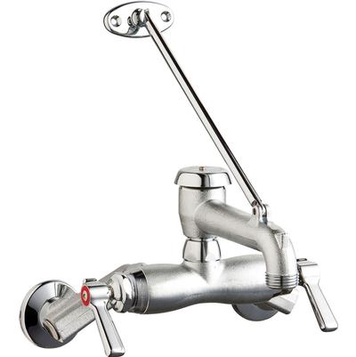 Chicago Faucets wall-mounted manual faucet with chrome finish, adjustable spout, and lever handles.