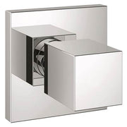 Chrome square valve trim kit with single lever handle and volume control for wall-mounted installation.
