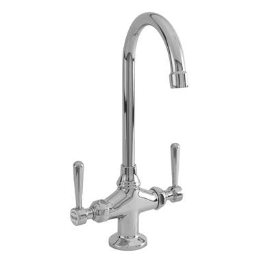 Polished chrome prep/bar faucet with curved gooseneck spout and dual lever handles.