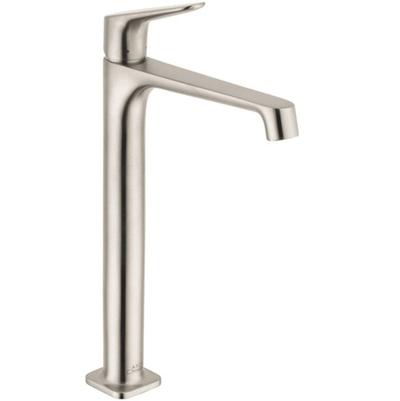 Tall single-hole bathroom faucet with curved spout and lever handle in brushed nickel finish.