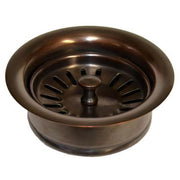 Solid copper garbage disposer trim ring with radial drain slots and center post, polished dark bronze finish.