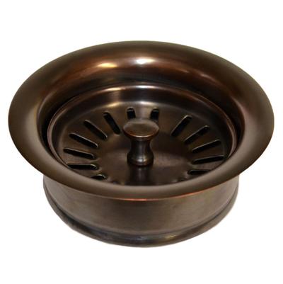 Solid copper garbage disposer trim ring with radial drain slots and center post, polished dark bronze finish.
