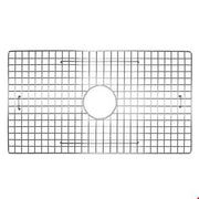 Stainless steel sink grid with rectangular mesh pattern and center drain opening.