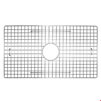 Stainless steel sink grid with rectangular mesh pattern and center drain opening.