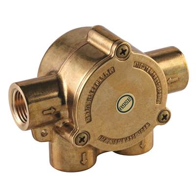 Grohe brass remote pressure balance valve with threaded ports and adjustment screw.