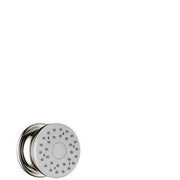 Polished nickel circular showerhead with multiple spray holes and mounting bracket.