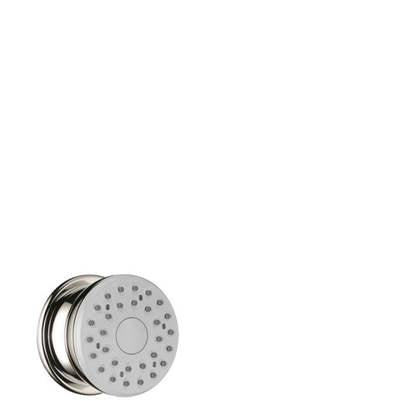 Polished nickel circular showerhead with multiple spray holes and mounting bracket.