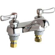Chrome bathroom sink faucet with two lever handles and brass mounting connections.