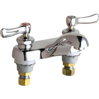 Chrome bathroom sink faucet with two lever handles and brass mounting connections.