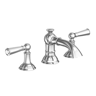 Chrome widespread bathroom sink faucet with curved spout and two lever handles on pedestal bases.