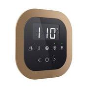 Brushed bronze round flush mount steam shower control panel displaying 110 degrees with digital interface and buttons.