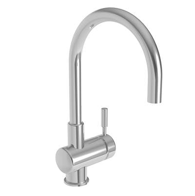 Chrome bar faucet with high arched spout and single lever handle.
