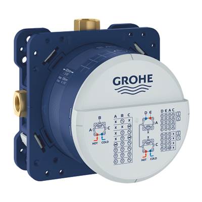 Grohe Rapido SmartBox universal tub shower rough-in valve with blue body and white circular cover plate.