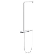 Chrome wall-mounted shower system with exposed thermostat, vertical pipe, showerhead, and handheld shower wand with hose.