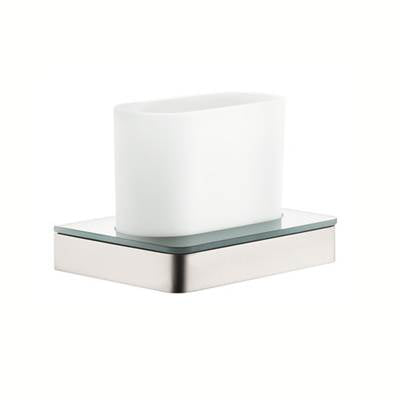Brushed nickel toothbrush holder with white ceramic cup on glass and metal base.