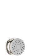 Brushed nickel circular showerhead with multiple spray holes and central adjustment ring mounted on wall bracket.