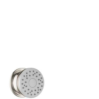 Brushed nickel circular showerhead with multiple spray holes and central adjustment ring mounted on wall bracket.