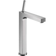Chrome single-hole bathroom faucet with tall cylindrical body and angled spout.