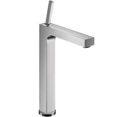 Chrome single-hole bathroom faucet with tall cylindrical body and angled spout.