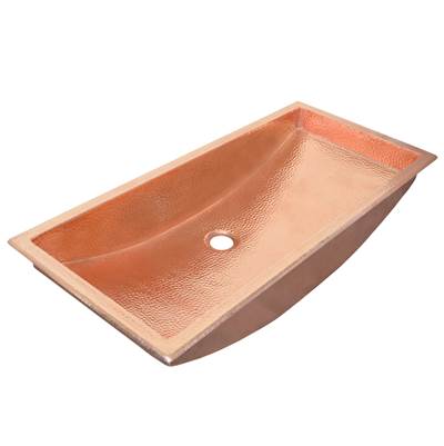 Polished copper trough sink with curved basin and single drain hole.