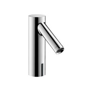 Chrome electronic faucet with cylindrical body and angled spout extending from upper portion.
