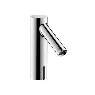 Chrome electronic faucet with cylindrical body and angled spout extending from upper portion.