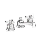 Chrome widespread bathroom sink faucet with two handles, spout, and cylindrical base components.