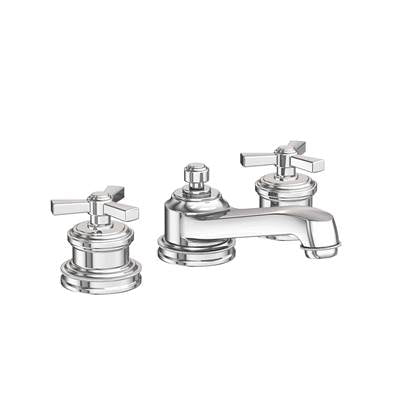 Chrome widespread bathroom sink faucet with two handles, spout, and cylindrical base components.