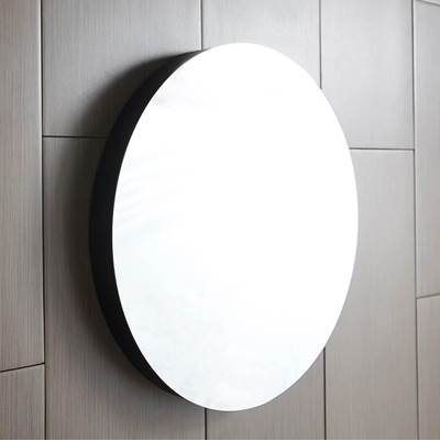 Round wall mirror with white reflective surface and dark frame mounted on vertical wood paneling.