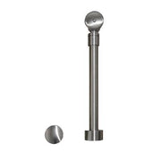 Brushed nickel trip lever drain assembly with overflow pipe and decorative cap for bathtub installation.