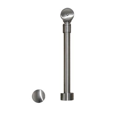 Brushed nickel trip lever drain assembly with overflow pipe and decorative cap for bathtub installation.