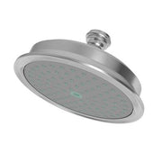 Polished chrome single function shower head with round face and ceiling-mounted arm attachment.