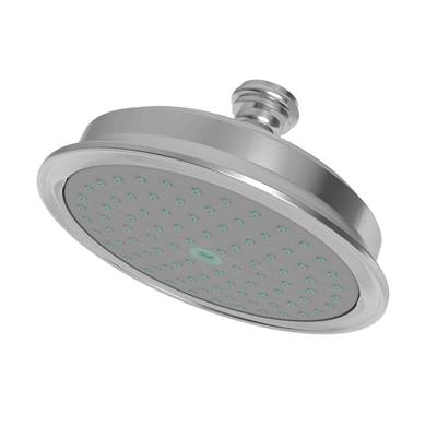 Polished chrome single function shower head with round face and ceiling-mounted arm attachment.