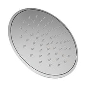 Polished chrome circular rainfall shower head with multiple small water jets distributed across the flat surface.