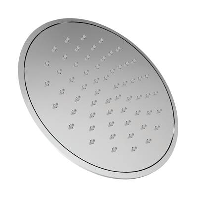 Polished chrome circular rainfall shower head with multiple small water jets distributed across the flat surface.